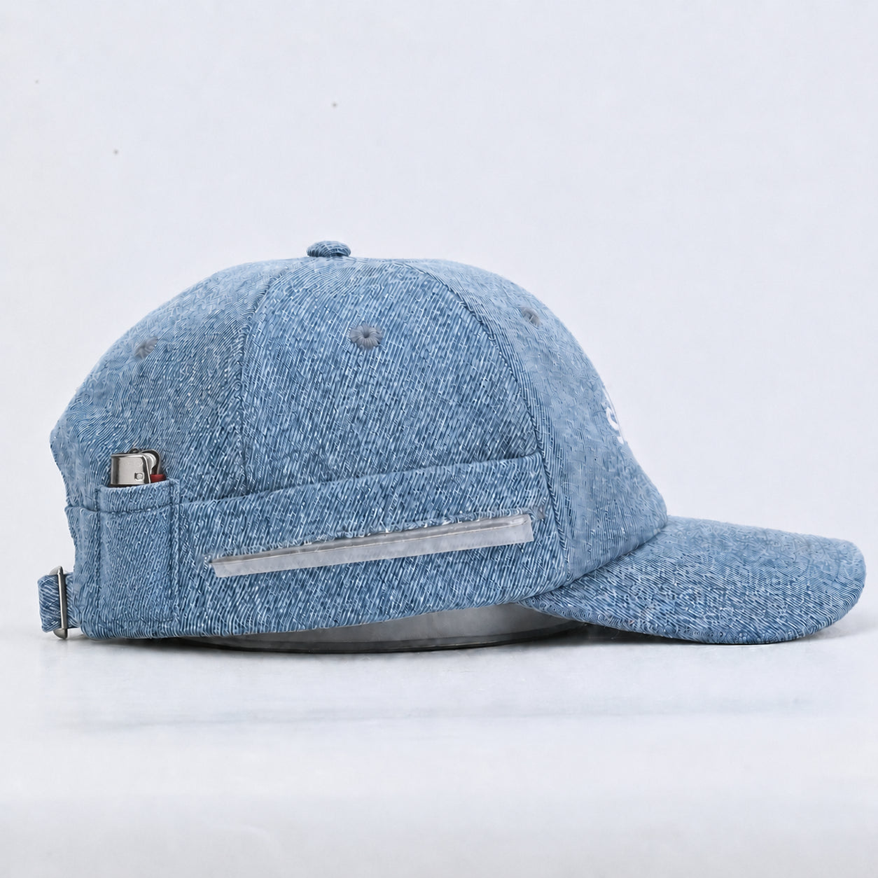 slou denim cap — side pocket