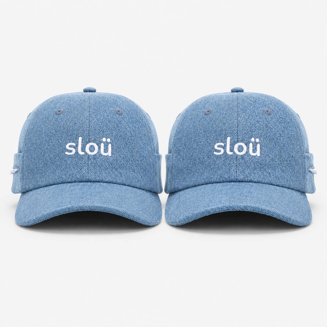 two washed-denim sloü caps