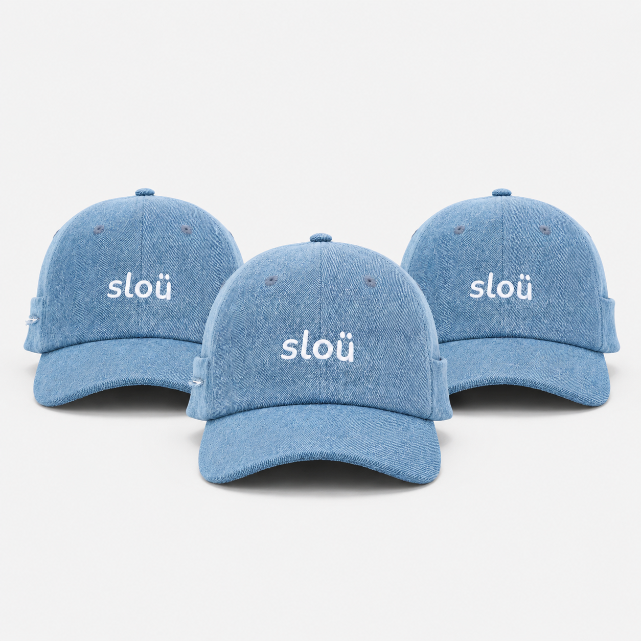 three washed-denim sloü caps
